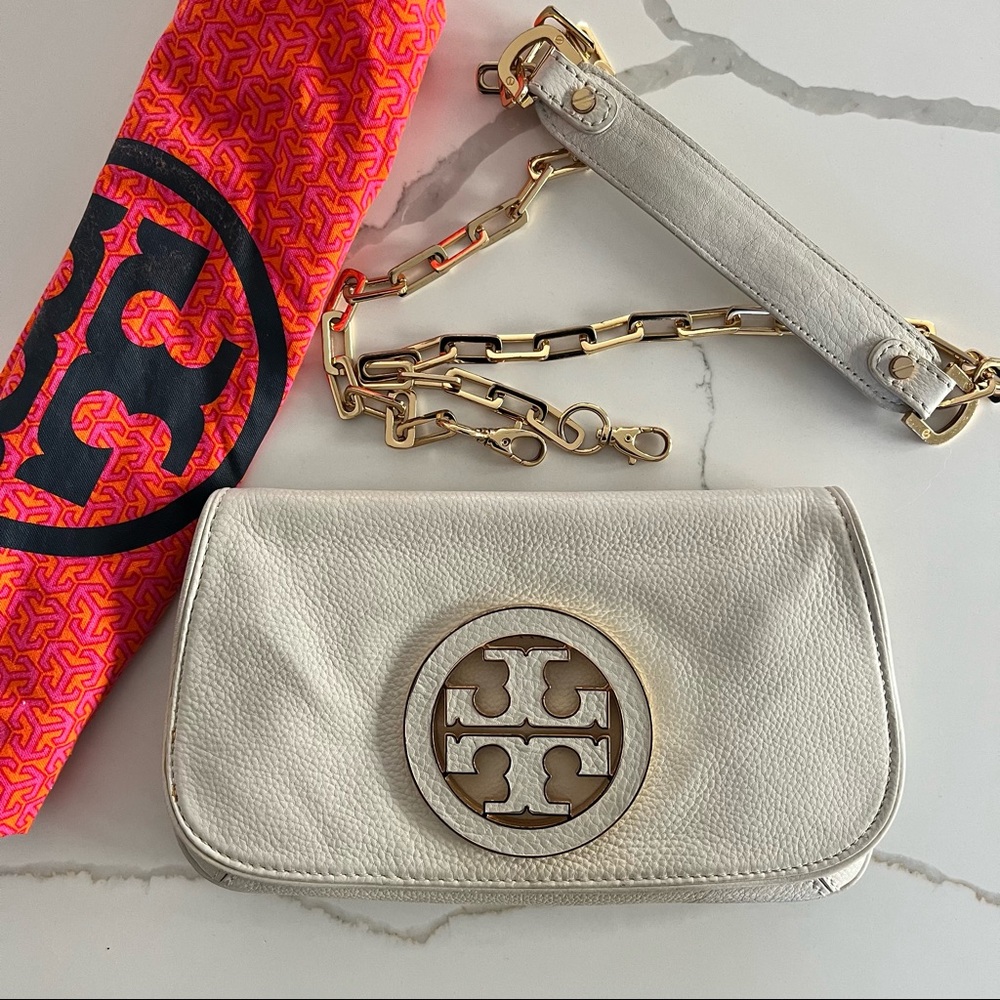 Tory Burch Amanda Crossbody Clutch - Cream White w/ Gold Logo and Strap